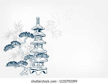 toro stone lighting card vector sketch illustration line art japanese chinese oriental design