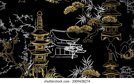 toro stone lighting vector sketch illustration line art japanese chinese oriental design gold