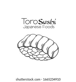 Toro sushi outline. Japanese traditional food icon with tuna fish fillets. Isolated hand drawn seafood vector illustration.