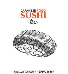 Toro sushi sketch. Japanese traditional food icon with tuna fish fillets. Isolated hand drawn vector illustration.