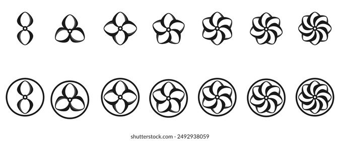 Toroidal Propeller Icon Set. Flaches Design Toroidal Propellers von 2 Blatt bis 8 Blatt. Vektorgrafik isoliert auf weißem Hintergrund.	