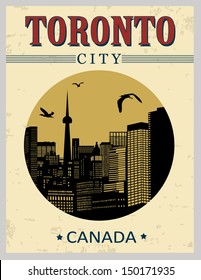 Toronto buildings from Canada in vintage style poster, vector illustration