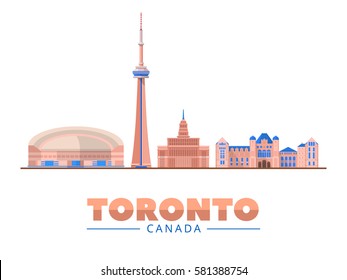 Toronto (Canada) city landmarks, buildings and monuments isolated on white background.