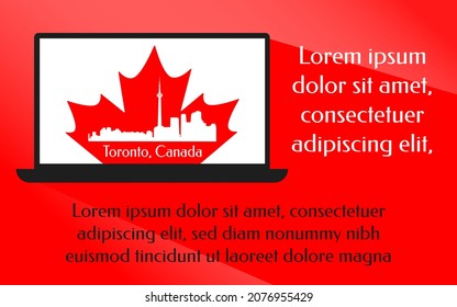 Toronto, Canada city skyline and maple leaf on laptop screen. Buildings in silhouette. Travel and tourism concept. Vector illustration.
