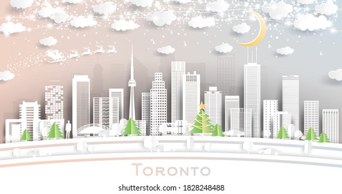 Toronto Canada City Skyline in Paper Cut Style with Snowflakes, Moon and Neon Garland. Vector Illustration. Christmas and New Year Concept. Santa Claus on Sleigh.