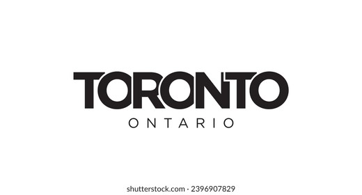 Toronto en el emblema de Canadá para imprenta y web. El diseño presenta estilo geométrico, ilustración vectorial con tipografía audaz en fuente moderna. Letras gráficas de eslóganes aisladas en fondo blanco.