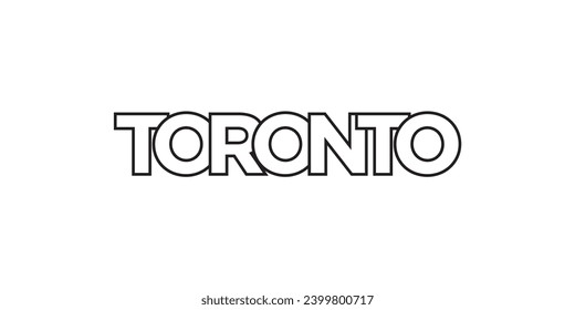 Toronto im kanadischen Emblem für Druck und Web. Das Design zeichnet sich durch geometrischen Stil, Vektorgrafik mit gewagter Typografie in moderner Schrift aus. Grafische Slogan-Schrift einzeln auf weißem Hintergrund.