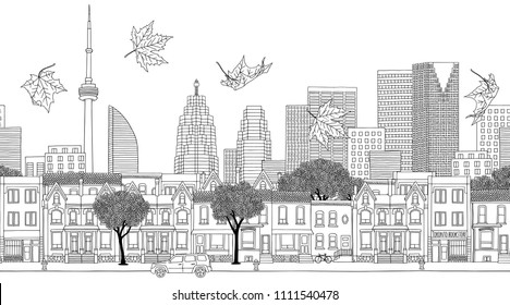 Toronto, Canada - Seamless banner of the city’s skyline, hand drawn black and white illustration