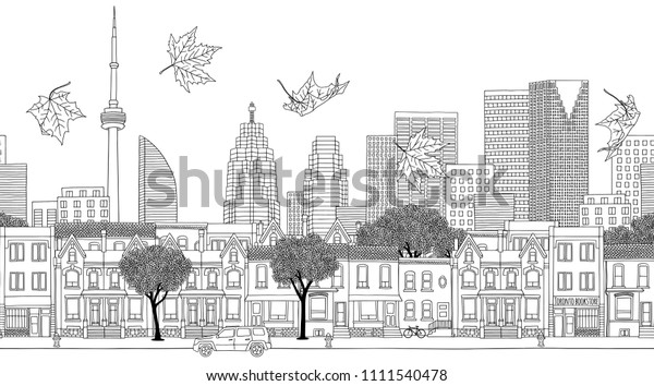 Toronto, Canada - Seamless banner\
of the city’s skyline, hand drawn black and white\
illustration