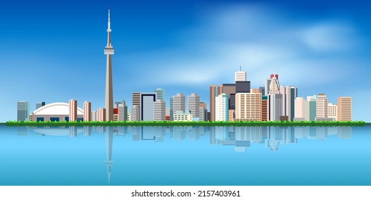 Toronto canada skyline color Buildings, blue sky and reflections. Vector illustration.