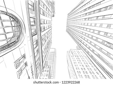 Toronto. Canada. Unusual perspective  View of the bottom of the skyscraper. Urban sketch. Hand drawn, vector illustration.