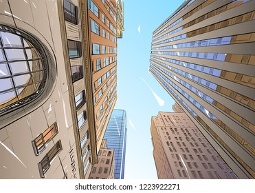 Toronto. Canada. Unusual perspective  View of the bottom of the skyscraper. Urban sketch. Hand drawn, vector illustration.