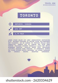 Toronto, Canada vector infographics, brochure layout. Guide, leaflet, flyer, advertising graphic template with text, information, city skyline shape. Page, festival, cover mock up image