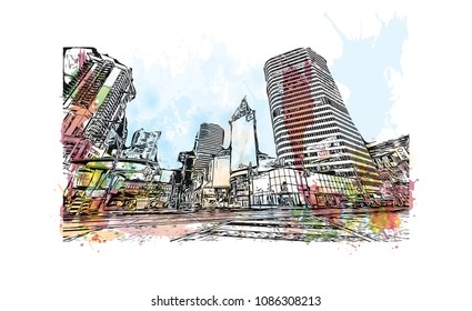 Toronto, the capital of the province of Ontario, is a major Canadian city. Watercolor splash with hand drawn sketch illustration in vector.