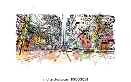 Toronto, the capital of the province of Ontario, is a major Canadian city. Watercolor splash with hand drawn sketch illustration in vector.