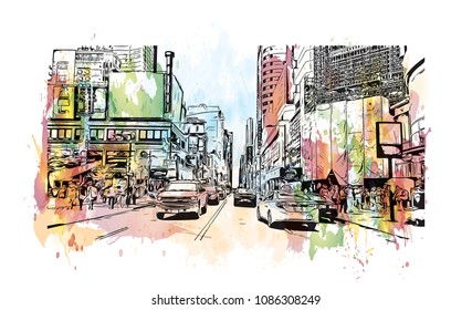 Toronto, the capital of the province of Ontario, is a major Canadian city. Watercolor splash with hand drawn sketch illustration in vector.