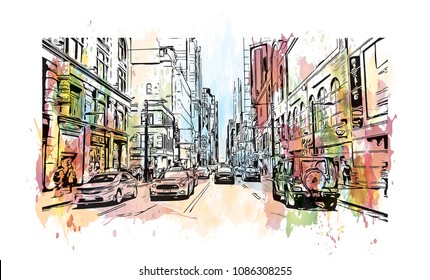 Toronto, the capital of the province of Ontario, is a major Canadian city. Watercolor splash with hand drawn sketch illustration in vector.