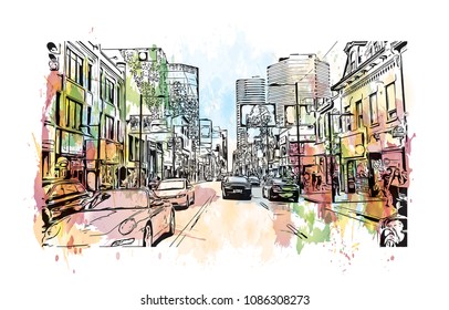 Toronto, the capital of the province of Ontario, is a major Canadian city. Watercolor splash with hand drawn sketch illustration in vector.