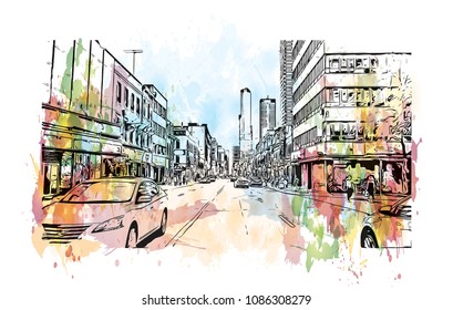 Toronto, the capital of the province of Ontario, is a major Canadian city. Watercolor splash with hand drawn sketch illustration in vector.