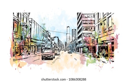 Toronto, the capital of the province of Ontario, is a major Canadian city. Watercolor splash with hand drawn sketch illustration in vector.