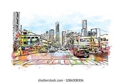 Toronto, the capital of the province of Ontario, is a major Canadian city. Watercolor splash with hand drawn sketch illustration in vector.