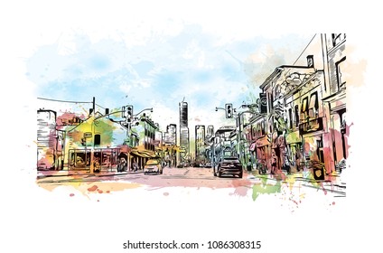 Toronto, the capital of the province of Ontario, is a major Canadian city. Watercolor splash with hand drawn sketch illustration in vector.