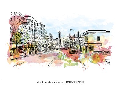 Toronto, the capital of the province of Ontario, is a major Canadian city. Watercolor splash with hand drawn sketch illustration in vector.