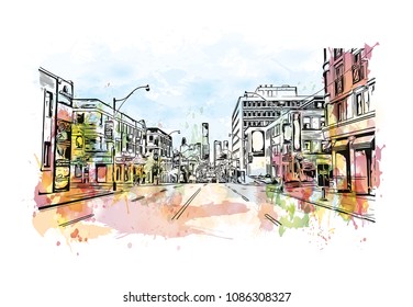 Toronto, the capital of the province of Ontario, is a major Canadian city. Watercolor splash with hand drawn sketch illustration in vector.