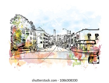 Toronto, the capital of the province of Ontario, is a major Canadian city. Watercolor splash with hand drawn sketch illustration in vector.