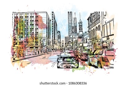 Toronto, the capital of the province of Ontario, is a major Canadian city. Watercolor splash with hand drawn sketch illustration in vector.