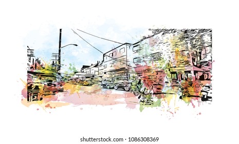 Toronto, the capital of the province of Ontario, is a major Canadian city. Watercolor splash with hand drawn sketch illustration in vector.