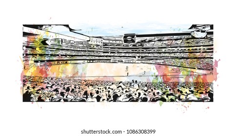 Toronto, the capital of the province of Ontario, is a major Canadian city. Watercolor splash with hand drawn sketch illustration in vector.