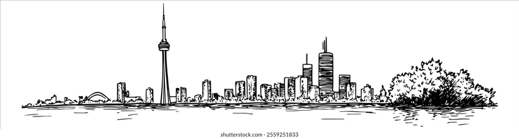 Toronto city ​​panorama hand drawing doodle hatching vector sketch