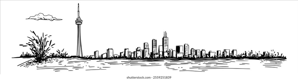 Toronto city ​​panorama hand drawing doodle hatching vector sketch