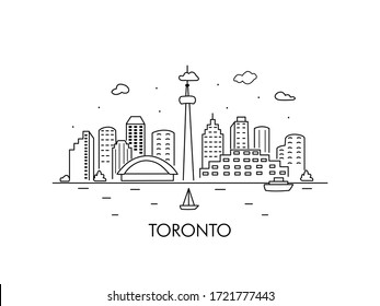 El paisaje de la ciudad de Toronto. Imagen en línea en el centro de Toronto. Amplia ilustración horizontal vectorial. 