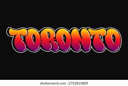 Toronto city name displaying vibrant bubble letters with a gradient from orange to red and purple, outlined in white against a solid black background, representing urban street art style
