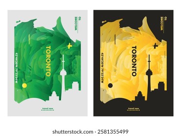 Toronto city poster pack with skyline, cityscape, landmark, textured. Canada Ontario province vector illustration layout for vertical brochure, website, flyer, presentation