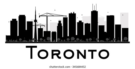 Toronto City skyline black and white silhouette. Vector illustration. Simple flat concept for tourism presentation, banner, placard or web site. Business travel concept. Cityscape with landmarks