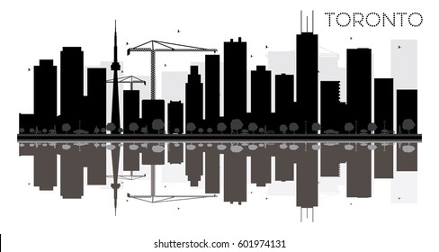 Toronto City skyline black and white silhouette with reflections. Vector illustration. Simple flat concept for tourism presentation, banner, placard or web site. Cityscape with landmarks.