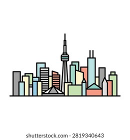 Toronto city skyline featuring the iconic CN Tower and skyscrapers, illustrated in a colorful flat filled line vector style on a plain white background. Great for travel guides, Canadian tourism brochures, urban landscape graphics, and architectural designs