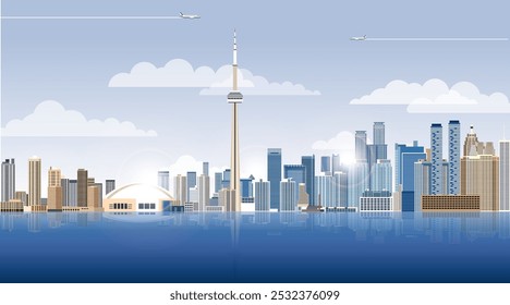 Visão geral da cidade de Toronto no gradiente belo dia céu fundo. Ilustração vetorial