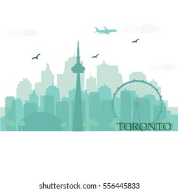 Toronto city skyline silhouette with main landmarks. Flat style illustration.