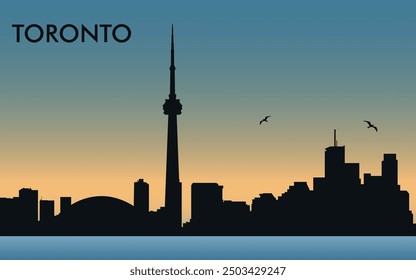 Toronto. The city skyline. Silhouettes of buildings. The sunset of the day. Vector on a blue background