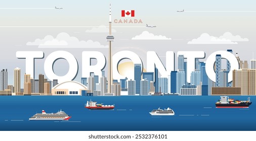 Toronto cityscape ilustração vetor colorido com o nome da cidade grande no fundo. Cartaz de viagem