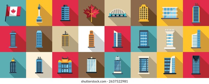  Toronto icons set. Collection of flat design icons showcasing toronto's diverse architecture, including famous landmarks and the national flag and maple leaf