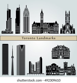 Toronto landmarks and monuments isolated on blue background in editable vector file