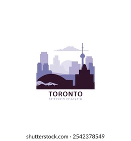 Toronto logo with skyline, cityscape retro vector icon. Canada, Ontario city horizon, facade, travel logotype