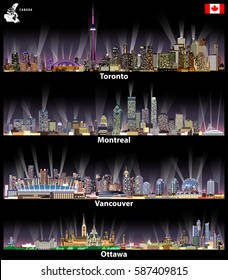 Toronto, Montreal, Vancouver And Ottawa Bright City Lights Skylines At Night Vector Illustrations. Map And Flag Of Canada