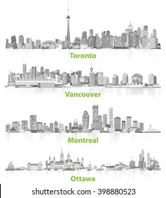 Toronto, Ottawa, Vancouver, Montreal cities skylines vector illustrations