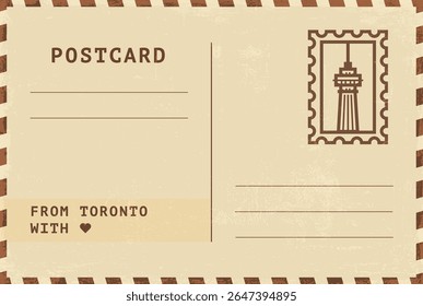From Toronto postal card template. Vector grungy vintage style postcard illustration with stamp, tower, landmark, message. Simple flat greetings image layout